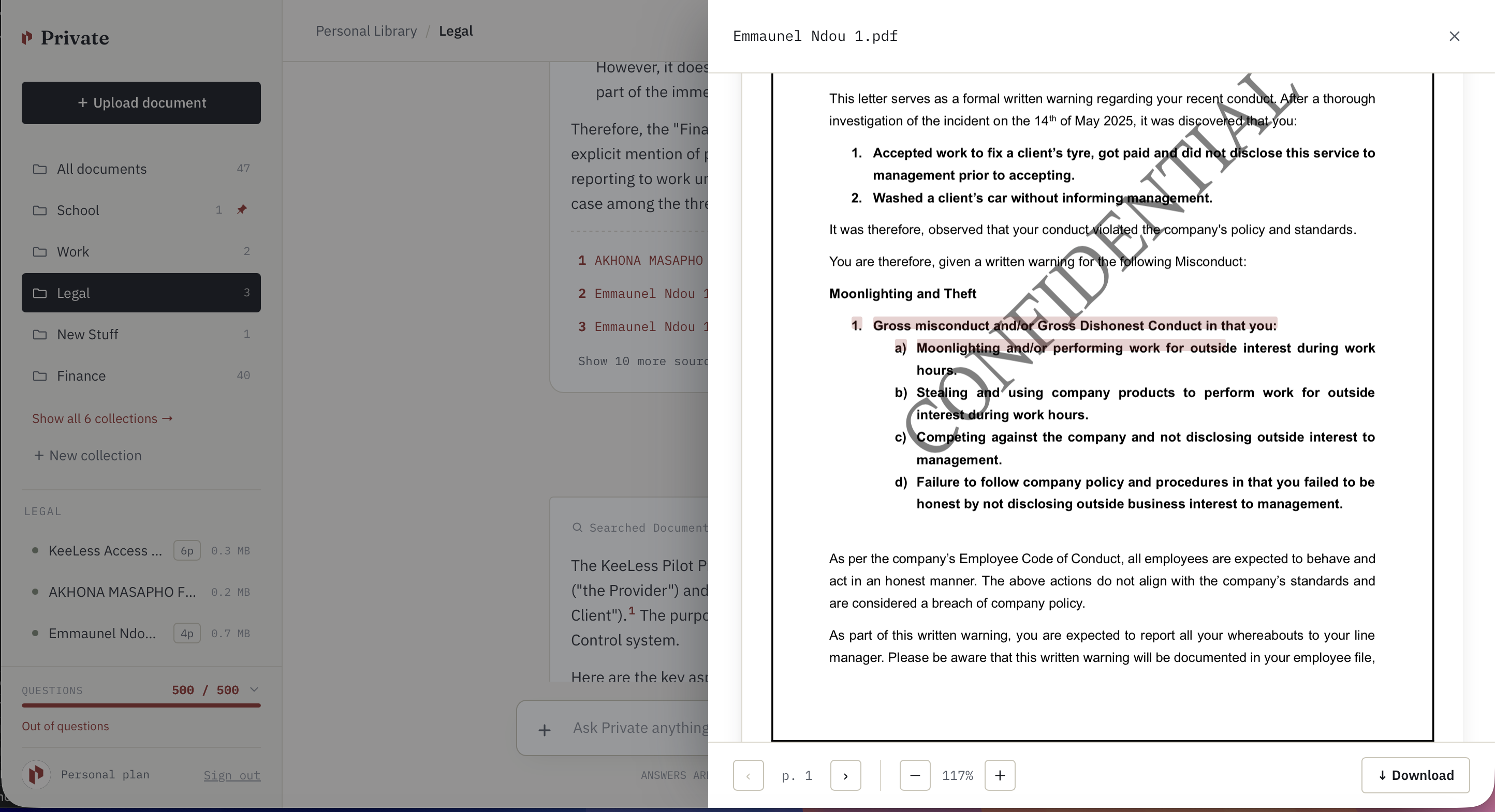 Private's PDF viewer highlighting the exact sentence cited in the answer, with page navigation and download controls