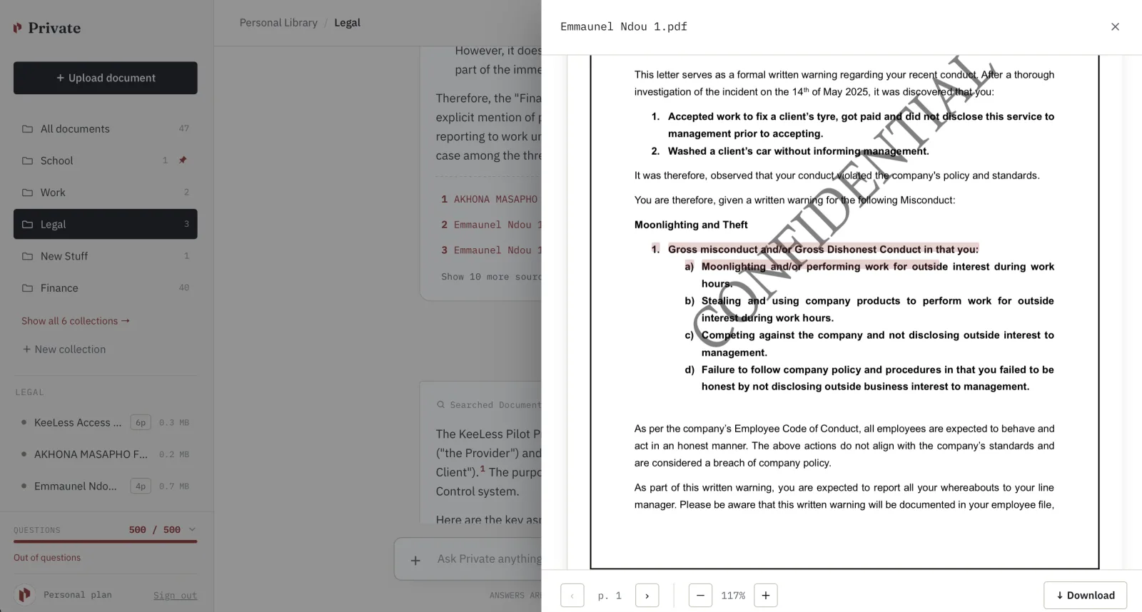 Private's PDF viewer highlighting the exact sentence cited in the answer, with page navigation and download controls