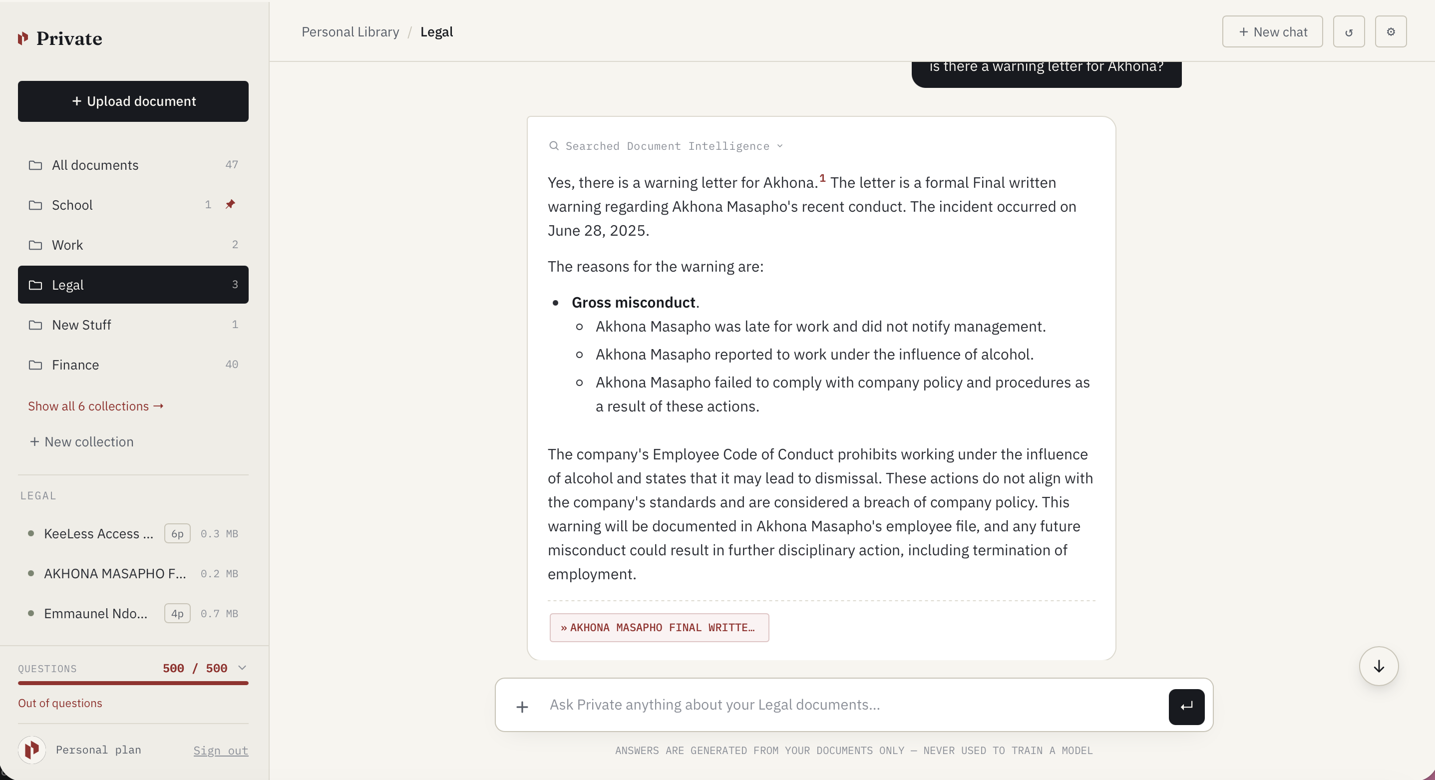 Private app showing a Legal collection with a question about a warning letter, answered with structured detail and a source citation