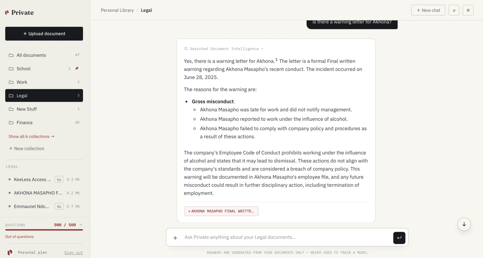 Private app showing a Legal collection with a question about a warning letter, answered with structured detail and a source citation