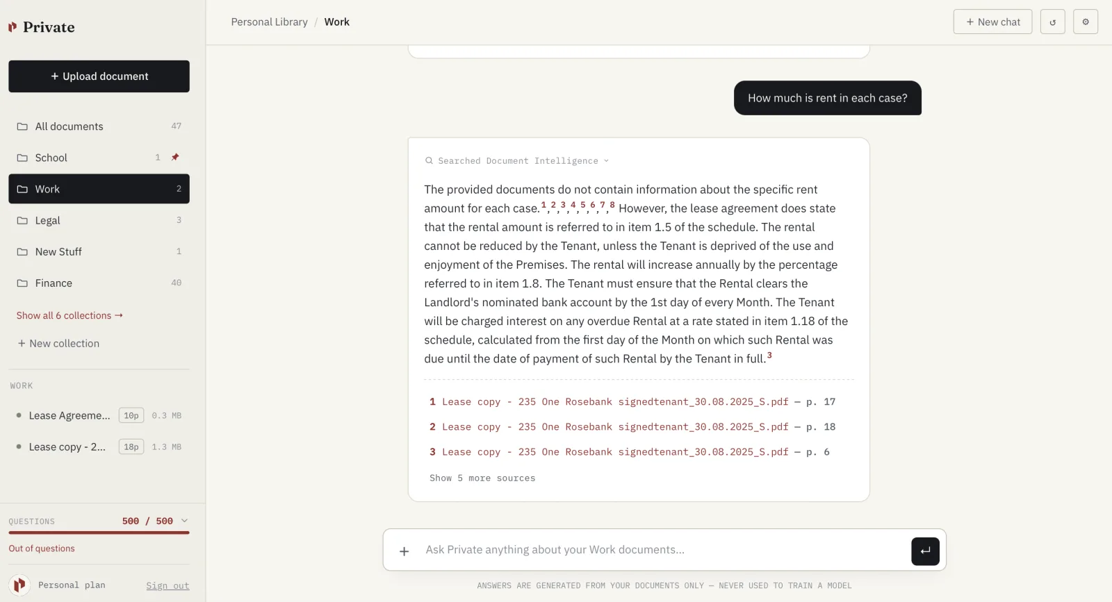 Private app showing a document collection with a question about lease rental amounts, answered with citations from multiple pages