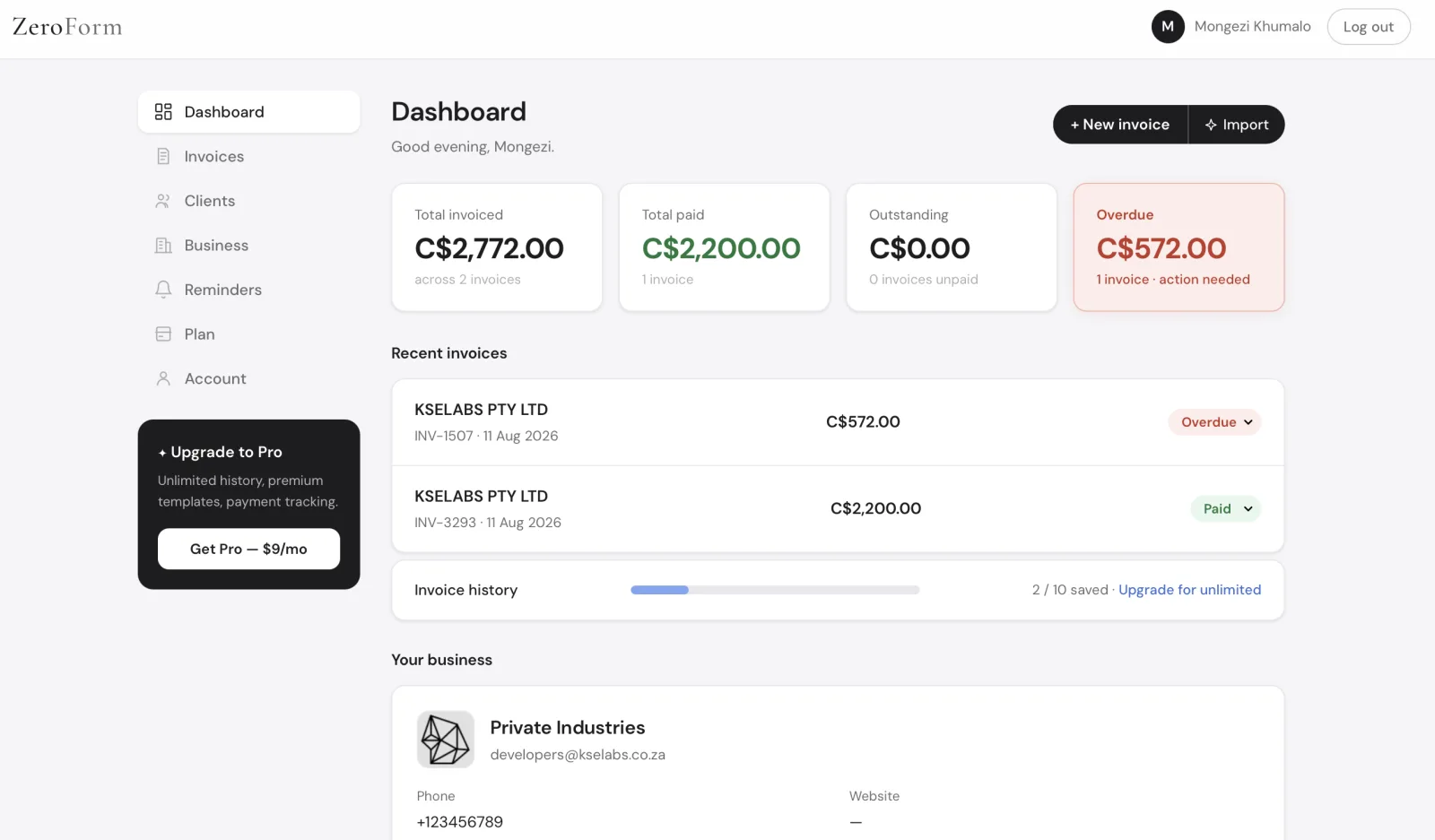 ZeroForm website screenshot